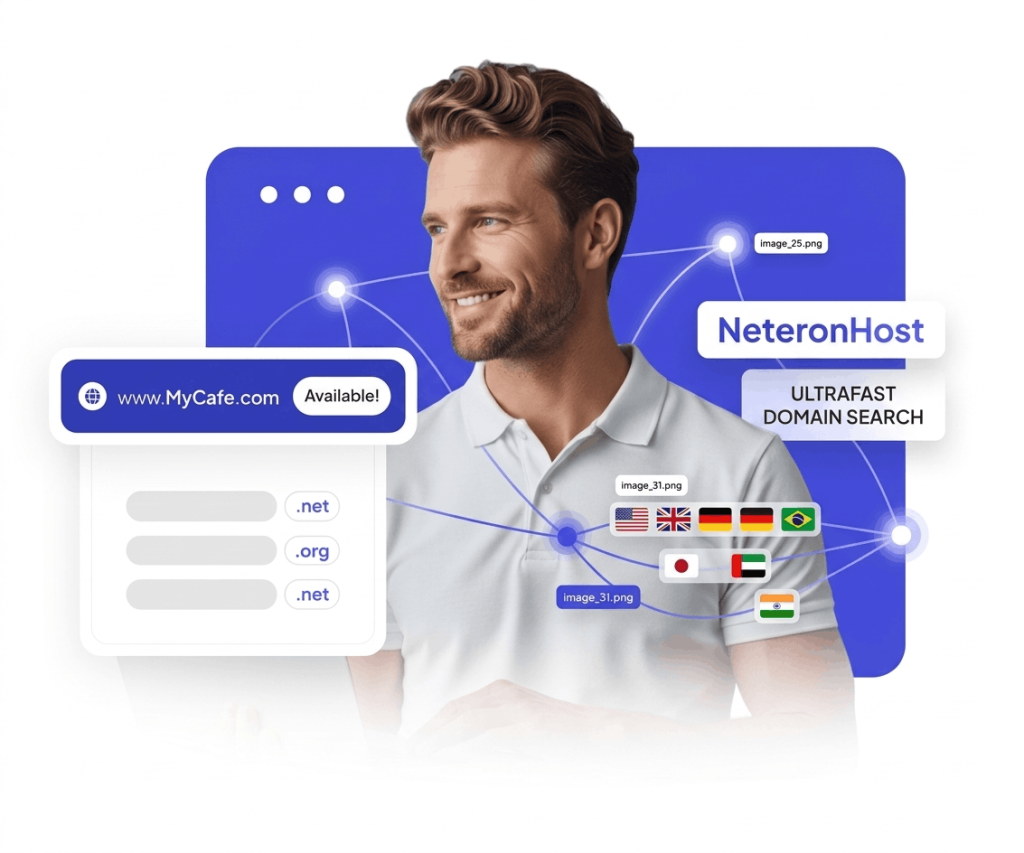 Neteronhost domain registration — ultrafast domain search showing .com, .net, .org availability across US, UK, Germany, Japan, UAE, Brazil, and India