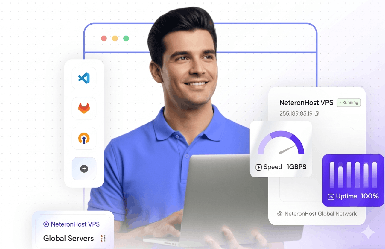 Fast and reliable Linux VPS hosting — Neteronhost dashboard showing 1 Gbps speed, 100% uptime, and global server network